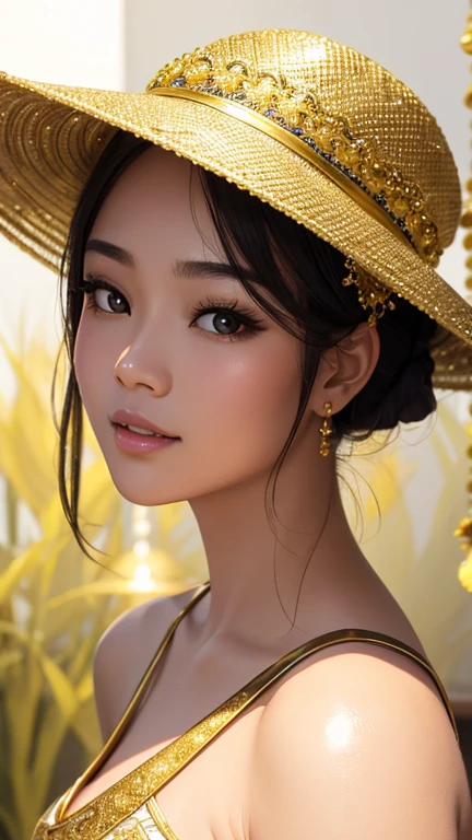 An extreme close-up portrait of a beautiful Thai woman, her skin illuminated by a soft, bright white light that casts pure, clean reflections. The fine gold textures in her clothing stand out against the white tone, creating a striking contrast. From the side, her lips appear soft and plump, partially revealing perfect teeth, while her serene expression is highlighted by the white glow. The overall scene is fresh and radiant, with the gold details shimmering against the brightness.