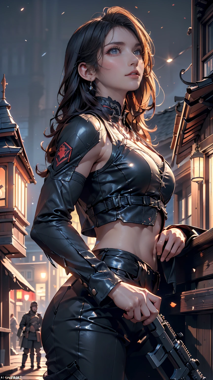 (1 Ultimate Beauty), Ultra-detailed顔, Fine brown eyes, double eyelid, Lips Detail, Short black hair, (Combat Uniform), smile, Thighs Thighs Thighs Thighs, Perfect lighting, (Photorealistic:1.4), (Ultra-detailed), (Highest quality), (Best Shadow), (masterpiece), Ultra-high resolution, With the Imperial fortress as a backdrop, In the background is a tall battle tower with a huge cannon., Detailed Imperial Star Super Dreadnought , Side view, High detail, Many Elements, flying conveyor, Flying Cargo Ship, crane, manipulator. Light of the sun, There are numerous gun emplacements on the sides., Distant future, She is surrounded by cyborgs and spider robots., Coastal forts bombarding ships, With a powerful sniper rifle, Gun barrel-mounted sights and knives, A huge French army on the march, Hundreds of devices, General Combat,