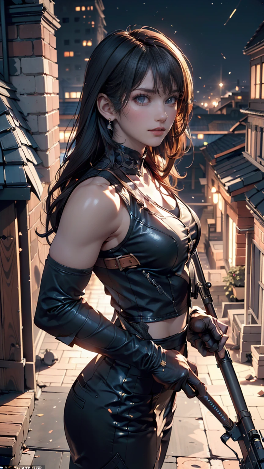 masterpiece、highest quality、超High resolution、realistic skin texture、leather armor、Exposed breasts、photorealistic、High resolution、Raw photo、shiny skin、realistic skin texture、best lighting、shine、dramatic lighting、dynamic pose、Japan wooden house、Female Samurai、swing a sword、1girl、balanced eyes、Ginno's long hair、ponytail、Blue eyes、look at the audience、 big breasts、big ass、