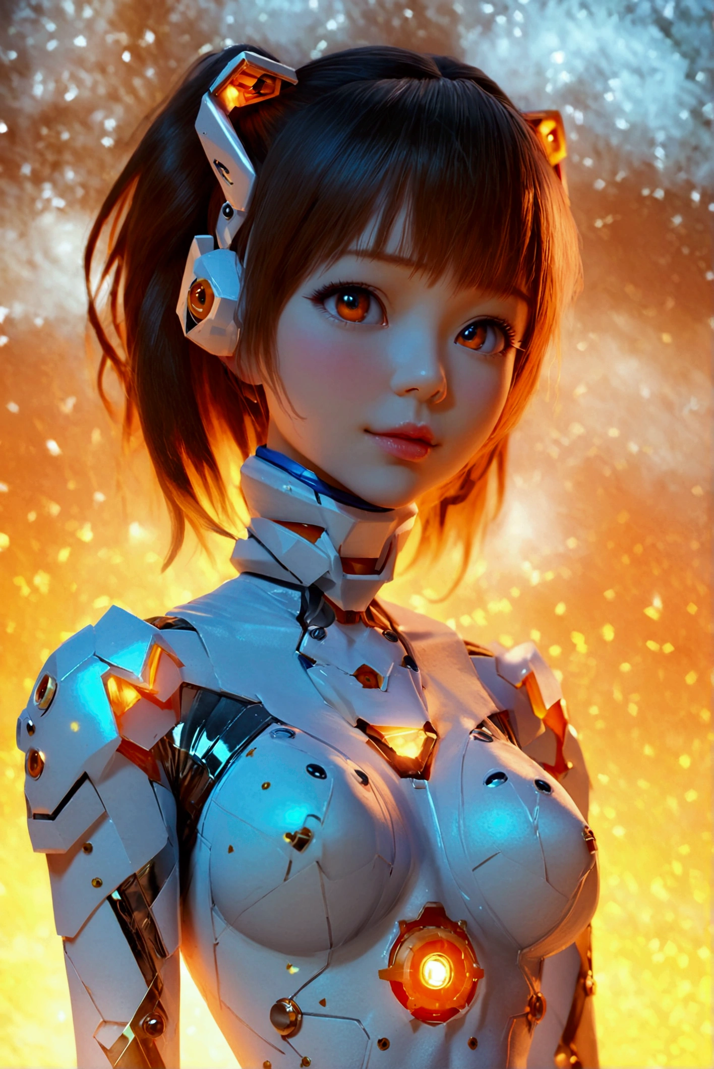  animated cartoon girl posing in white and orange costume taking pictures ,  realistic anime girl rendering ,  cute 3D anime girl rendering , 8k octahedral rendering photo ,  perfect robot girl ,  detailed anime character art, April Rendering,  portrait anime space student girl, female anime characters,  shiny white space suit , Guvez, Actress ，Big breasts, Two-section，Navel exposed，Close-fitting cloth 