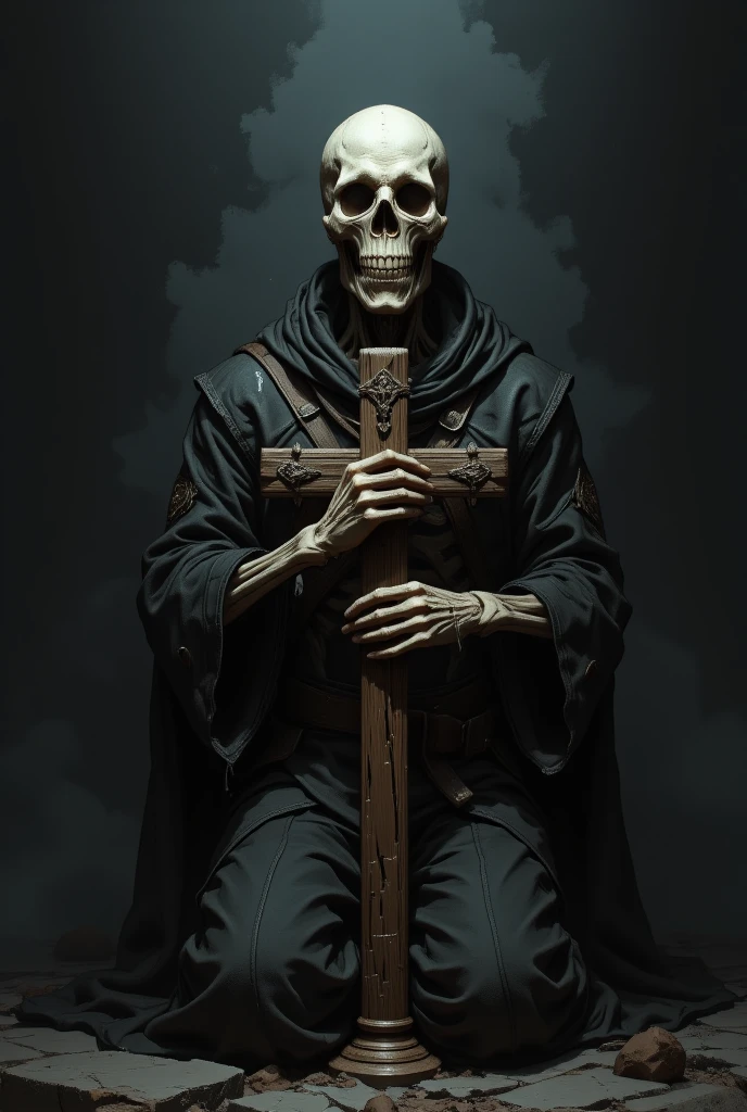 Human skeleton praying to God with a cross in his hand 