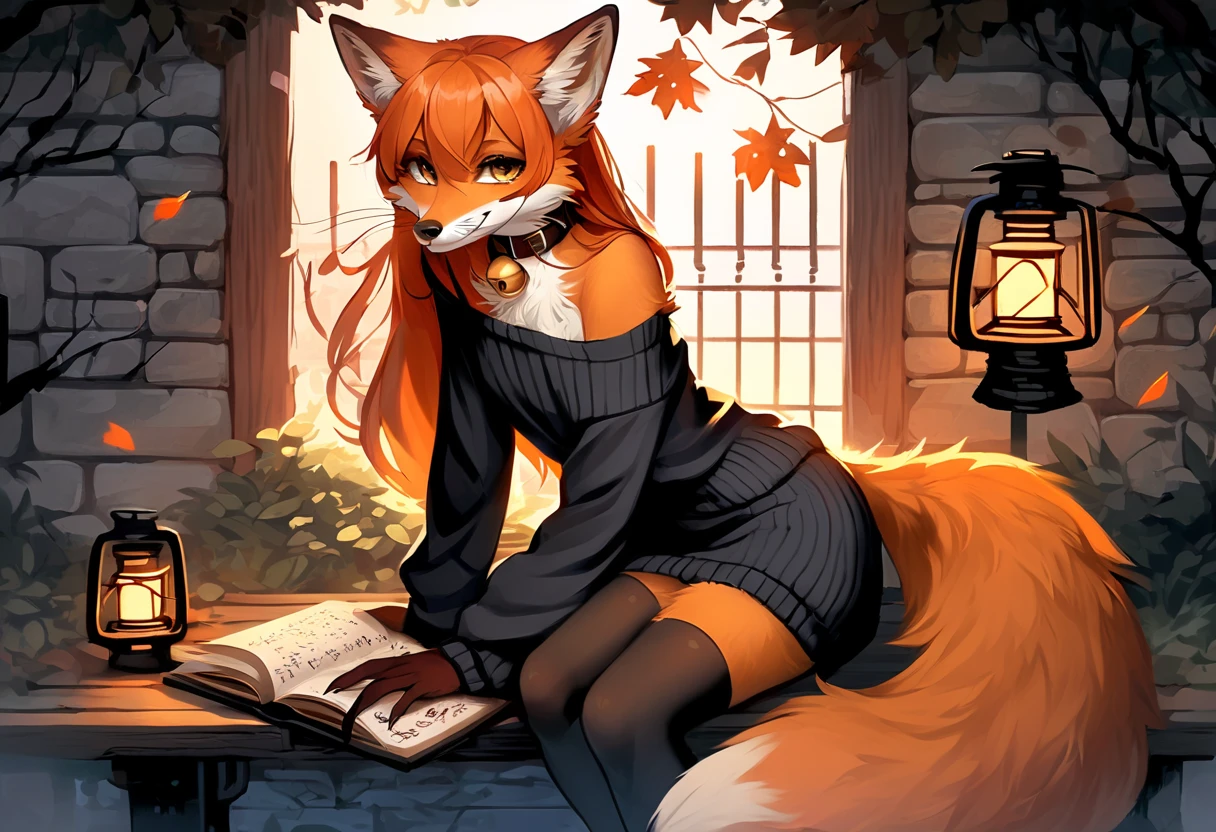 full body、Solo、unpralleled masterpiece、Detailed、 Beautiful、 score_9、 score_8_up、 score_7_up、Friday the 13th、the number 13 written on a stone wall、moody atmosphere、mysterious、fox、anthro、furry、female、orange fur、(long hair、beautiful hair、orange hair、side swept hair、bangs)、yellow eyes、(fur tuft on chest、tuft of fur)、(digitigrade、claws、fox paws、exposed feet)、(foxy whiskers)、(heavily shaded orange body、dark black shading on body)、(sassy pose、sassy hips、sassy、flirtatious)、fluffy tail、(light smile、soft smile)、wearing (Black simple stylish long socks、non-transparent thigh highs、Black crop off shoulder sweater、Colored hair bow、Collar with gold bell)、indoors、in a graveyard、night、tree、lantern on post、incantations on wall、sitting on a wooden bench、open book with calligraphy written on it、looking at viewer