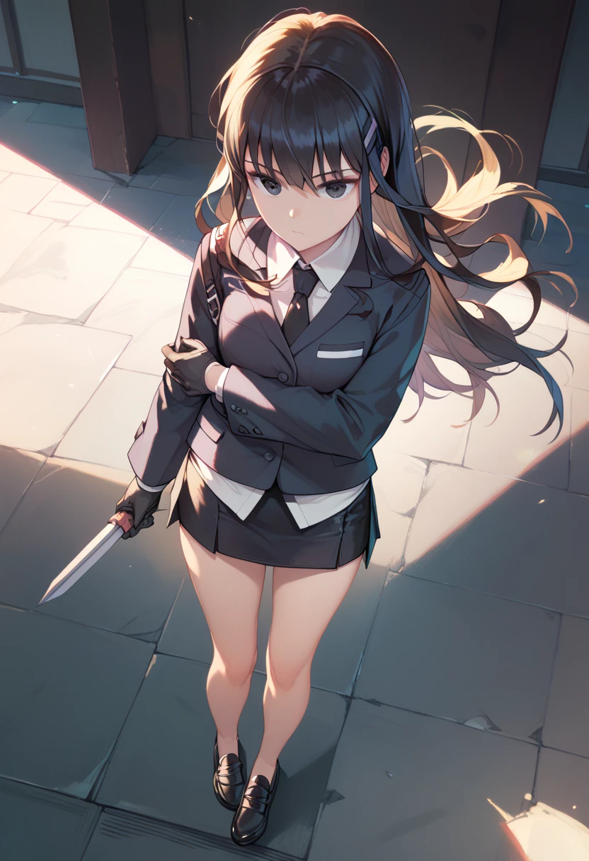 bangs, black gloves, black eyes, thighs, black hair, lucy-default, black hair ,long hair,hairclip, black blazer, black miniskirt, black pencil skirt, black loafers, standing , black tie, frontal, view from above