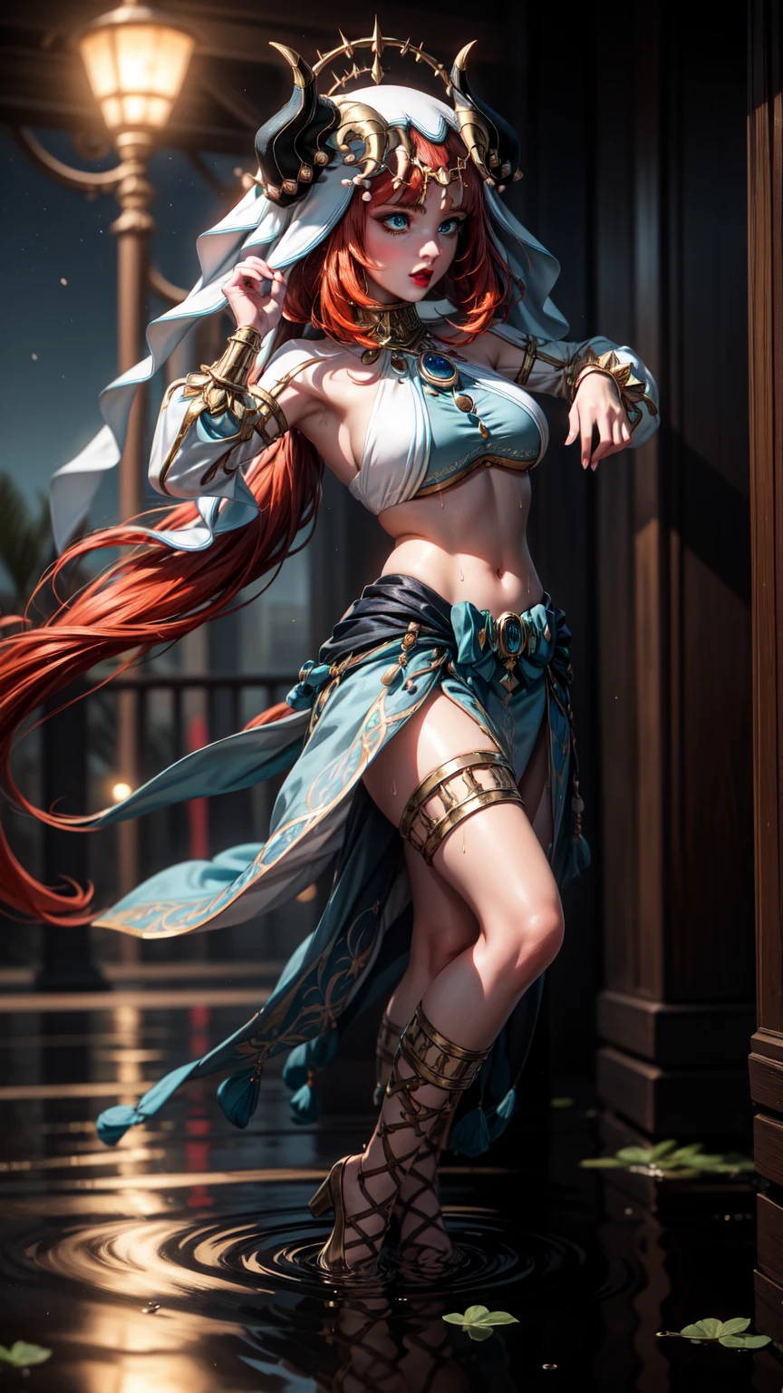 ((masterpiece)),(bestquality),((ultra-detailed)), (beautiful detailed face), depth of field,detailed,((beautiful detailed eyes)), medium breast, niloudef, full body, Belly Dancing pose, sensual, seductive. Theatre scenario background. Smiling.