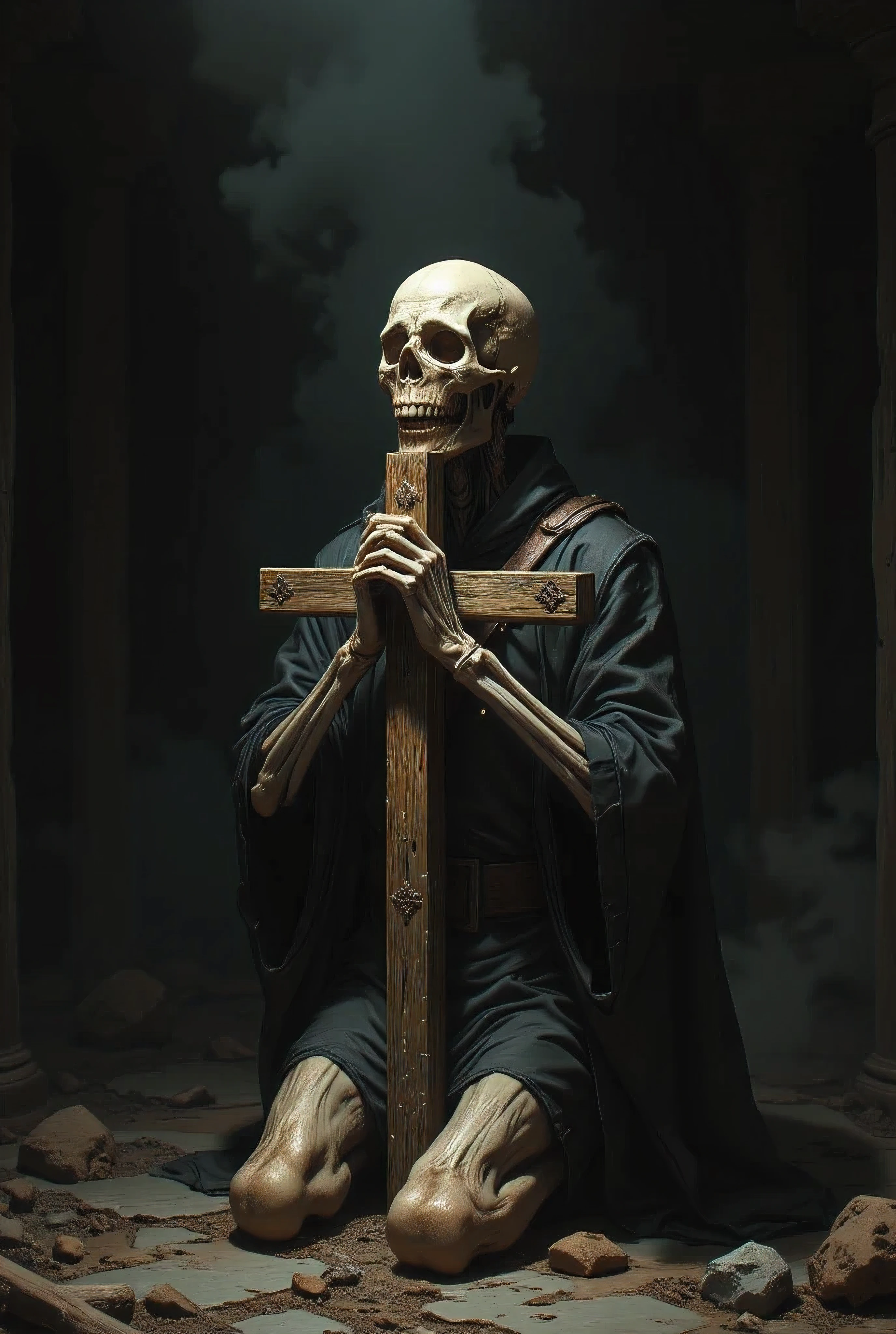 Human skeleton praying to God with a cross in his hand 