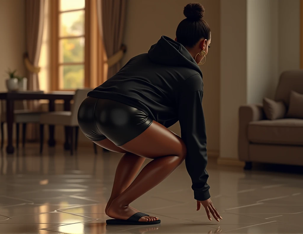 RAW, realistic graphics, realistic textures, Best quality, high resolution, (((Masterpiece))), High-definition, ultra-detailed, ultra-realistic rendering, ultra-hd, realistic body proportions, 1 girl, cute face, short stature, chubby body, curvy hips, fat ass, black hijab, white long sleeve sport tshirt, black sport pants, tied black tshirt around waist, full body view, hand on ass, in gym, detailed gym, nervous facial expressions, (((liquid poop leaking in pants)))