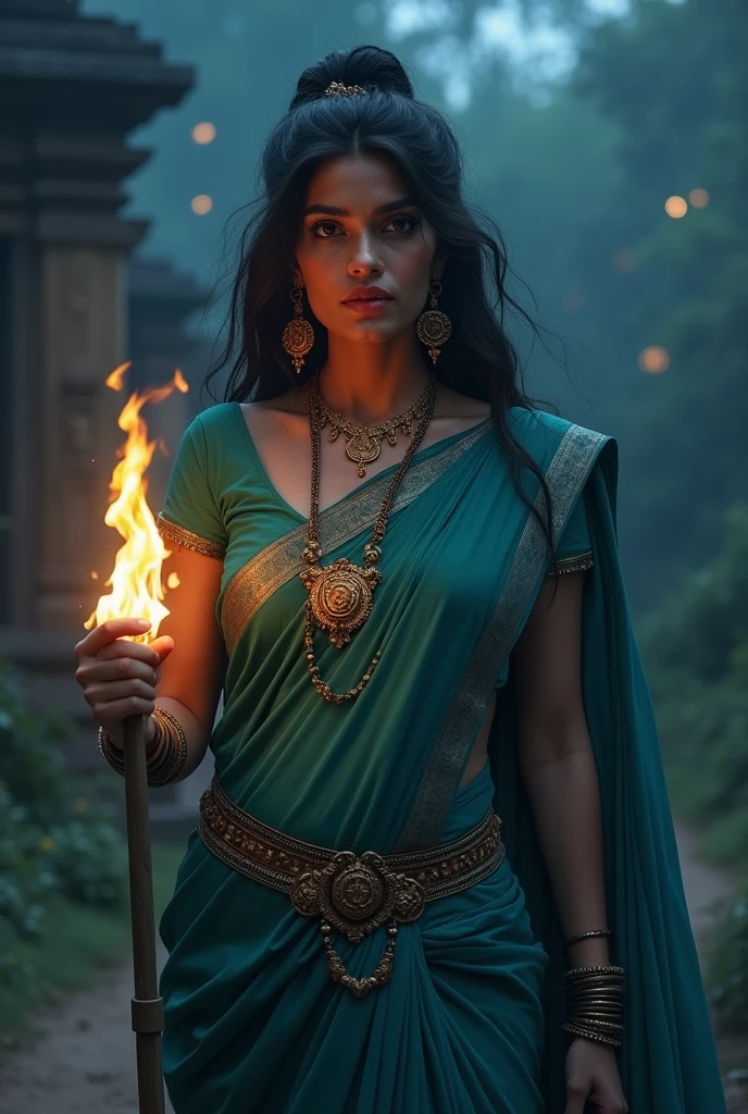 masterpiece, Super detailed, woman, India, wear traditional hindi attire, wear sari, long hair, the wind is strong, wear, The background is a rural area, (night:1.2), detailed shadow, detailed facial texture