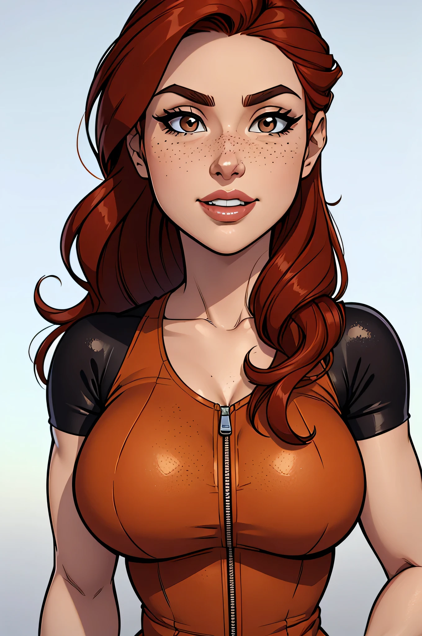 ( absurd, high quality, ultra detailed , Watch out for your hand ) Slim athletic woman, 25 years, 8k ( high definition ), beautiful smile, seductive look, brown eyes , wearing curvaceous stewardess (( with V-neck, zipper, short sleeves )), nose fine, thin waist , arms positioned on the sides of the body, pele caucasiana, red hair (( long and straight)), standing (( upper body )), with freckles on your chest and neck , (( big round breasts )). Estilo Marvel de high quality, white background.