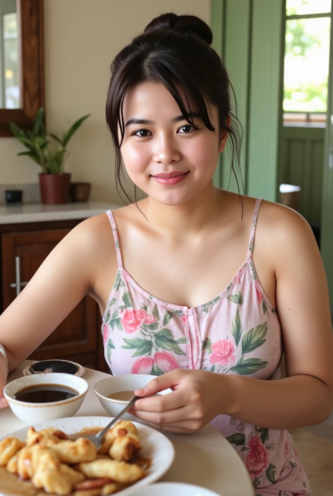  of an Indonesian woman, tied hair, quite chubby,  wear a sleeveless nightgown with floral print, sitting on the dining table enjoying the breakfast , Village atmosphere, realistic photography. look at the viewer,