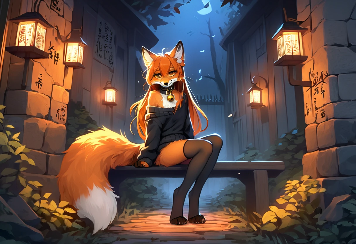 full body、Solo、unpralleled masterpiece、Detailed、 Beautiful、 score_9、 score_8_up、 score_7_up、Friday the 13th、the number 13 written on a stone wall、moody atmosphere、mysterious、fox、anthro、furry、female、orange fur、(long hair、beautiful hair、orange hair、side swept hair、bangs)、yellow eyes、(fur tuft on chest、tuft of fur)、(digitigrade、claws、fox paws、exposed feet)、(foxy whiskers)、(heavily shaded orange body、dark black shading on body)、(sassy pose、sassy hips、sassy、flirtatious)、fluffy tail、(light smile、soft smile)、wearing (Black simple stylish long socks、non-transparent thigh highs、Black crop off shoulder sweater、Colored hair bow、Collar with gold bell)、indoors、in a graveyard、night、tree、lantern on post、incantations on wall、sitting on a wooden bench、open book with calligraphy written on it、looking at viewer、blue spirit in the air