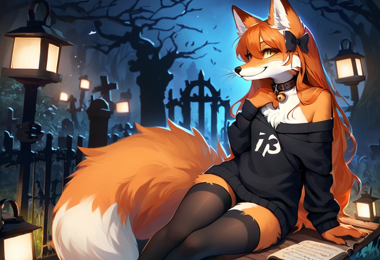 full body、Solo、unpralleled masterpiece、Detailed、 Beautiful、 score_9、 score_8_up、 score_7_up、Friday the 13th、the number 13 written on a stone wall、moody atmosphere、mysterious、fox、anthro、furry、female、orange fur、(long hair、beautiful hair、orange hair、side swept hair、bangs)、yellow eyes、(fur tuft on chest、tuft of fur)、(digitigrade、claws、fox paws、exposed feet)、(foxy whiskers)、(heavily shaded orange body、dark black shading on body)、(sassy pose、sassy hips、sassy、flirtatious)、fluffy tail、(light smile、soft smile)、wearing (Black simple stylish long socks、non-transparent thigh highs、Black crop off shoulder sweater、Colored hair bow、Collar with gold bell)、indoors、in a graveyard、night、tree、lantern on post、incantations on wall、sitting on a wooden bench、open book with calligraphy written on it、looking at viewer、blue spirit in the air