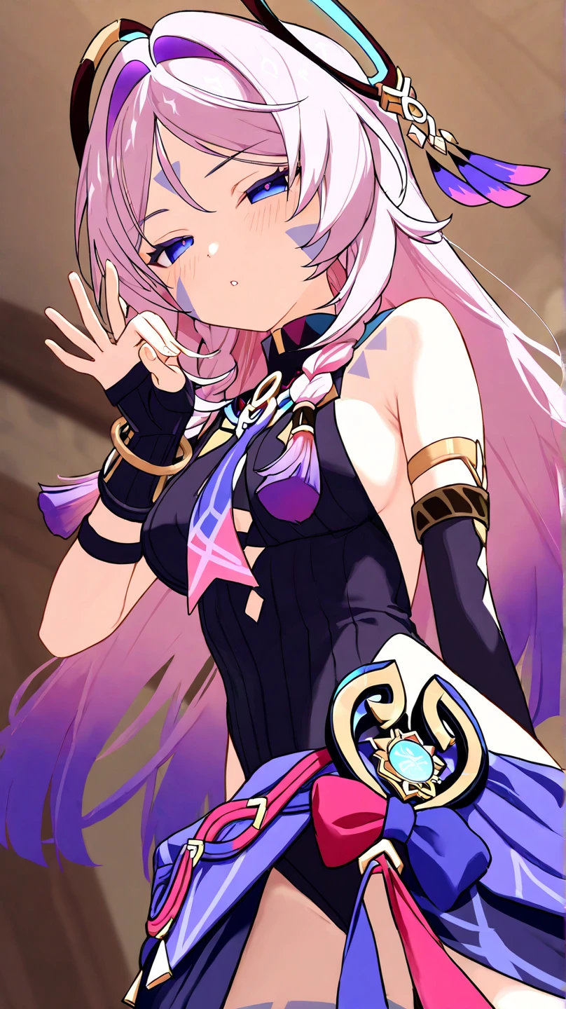 petite,citlali_(genshin_impact), long hair, braid, blue eyes, pink hair, bare shoulders, twin braids, hair ornament, facial mark, hair intakes, multicolored hair, bare shoulders, headgear, leotard, skirt, single elbow glove, fingerless gloves, citlali \(genshin impact\), light blush,arm behind back,score_9, score_8_up, score_7_up, source_anime, expressiveh, 1girl, hair between eyes, green hair,half-closed eyes, medium breasts, armpit, ((seductive face)), character focus, looking from behind at the viewer, holding, cowboy shot, brothel, from below, good anatomy, correct anatomy,((penetration gesture)),(Pointer finger),ชุดเปิดหลัง,((หันหลังมอง))