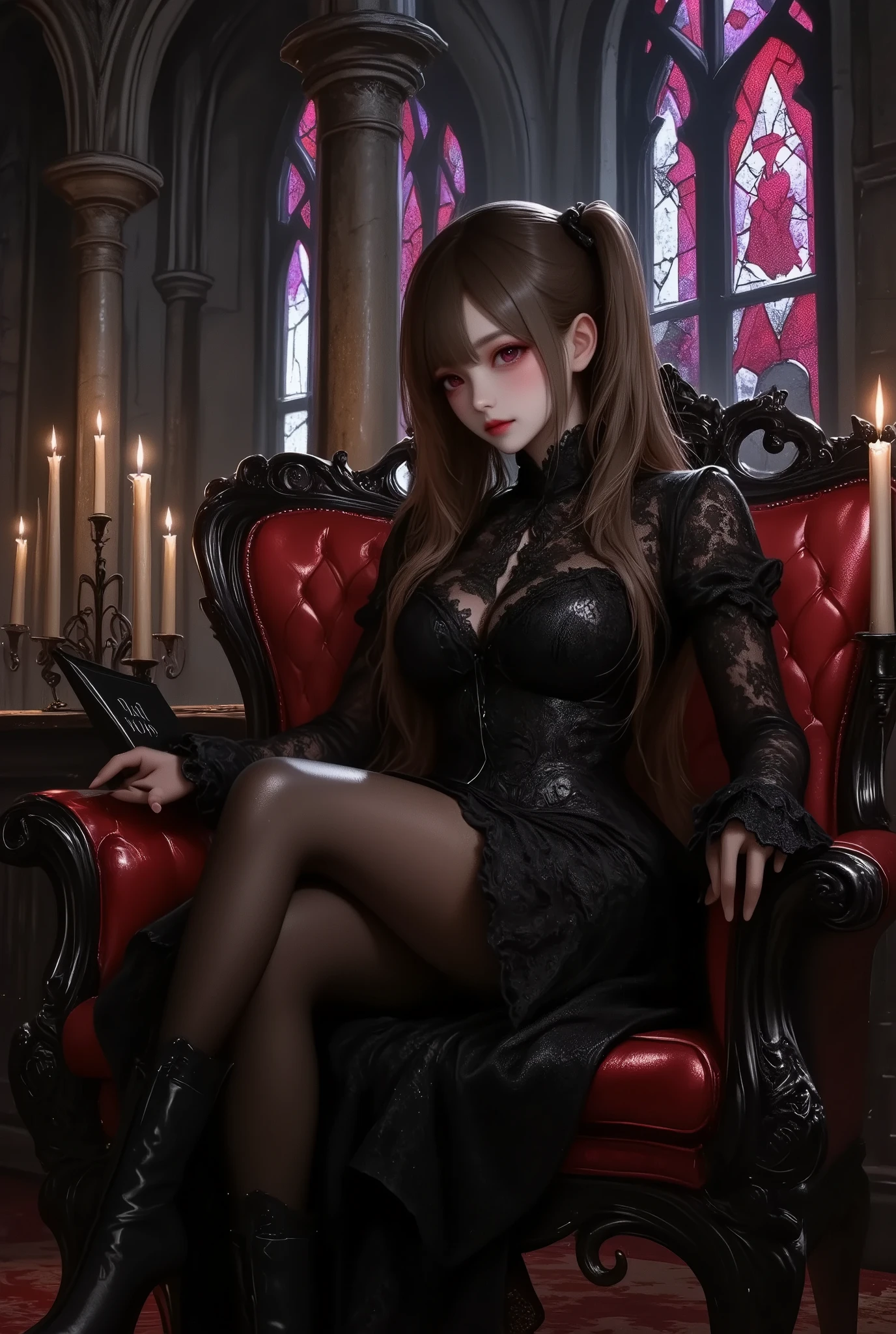 photo Realism style, digital painting, best quality, high detail, 1girl\(twin tails, bright brown hair,fair skin, gothic lolita fashion, false smile, empty eyes,black lace dress, black thigh-high stockings, black high-heeled boots, sitting pose on an ornate gothic chair, legs crossed, right hand holding a black notebook “Death Note” written on the cover), relaxed and confident expression, dimly lit environment\),,dark gothic background, intricate stone archways, stained glass windows with crimson and violet hues, flickering candles, shadows cast across the scene, subtle glowing light accents.