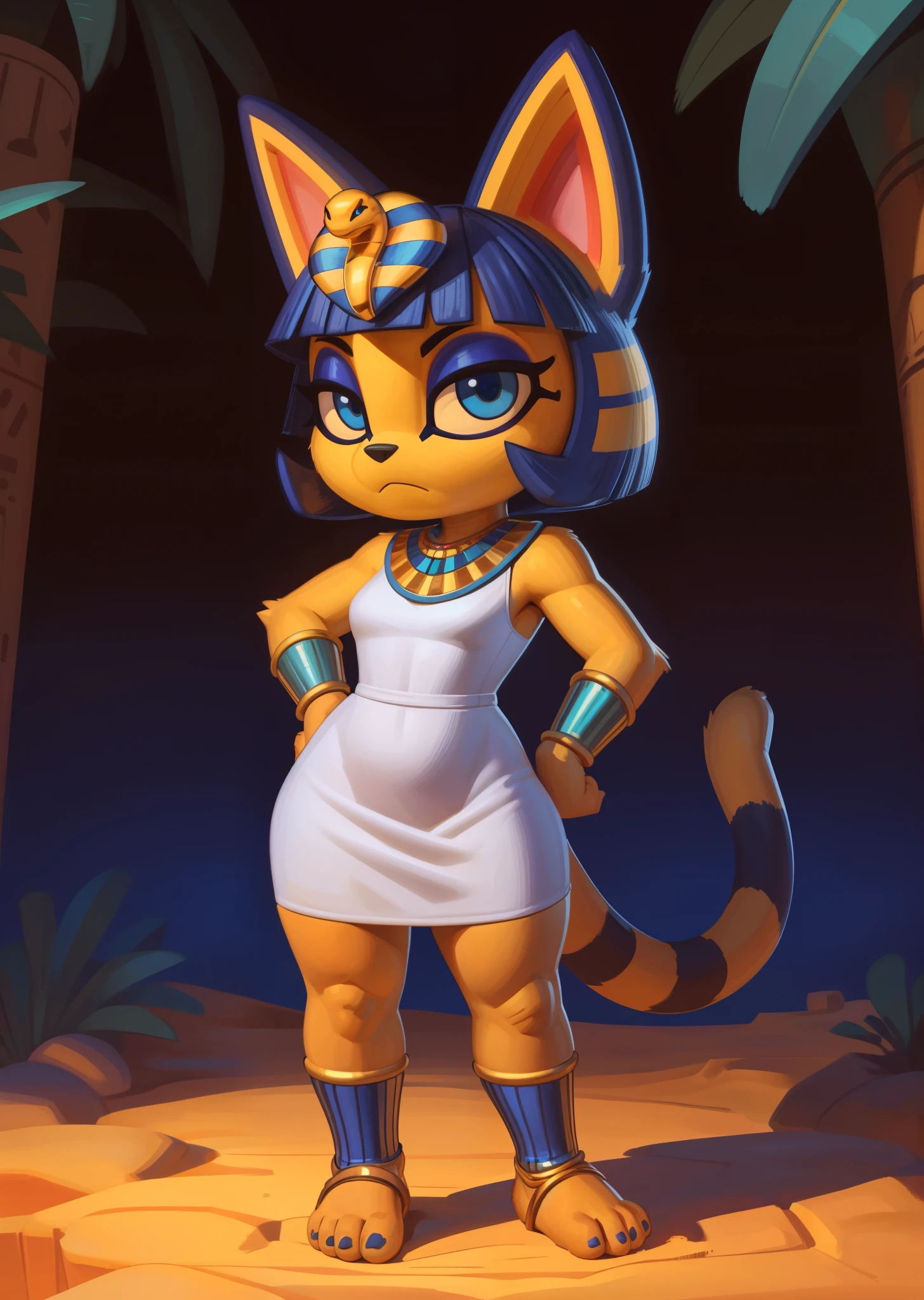 ((ankha)), ((Animal Crossing)), ((Pixelsketcher)), ((wamudraws)), ((masterpiece)), ((HD)), ((high resolution)), ((cartoon style)), ((solo portrait)), ((full body)), ((feet visible)), ((detailed fur)), ((detailed shading)), {(slim figure), (toned body), (yellow fur), (black nose), (cute blue eyes), (indigo eyeshadow), (egyptian eye makeup), (cat ears), (long striped tail), (curvy hips), (beautiful legs), (cute feet), (frown)}, {(short white dress), (snake ornament headwear), (blue bracers), (gold anklets), (blue stirrup socks)}, {(standing), (looking at viewer)}, ((desert oasis))