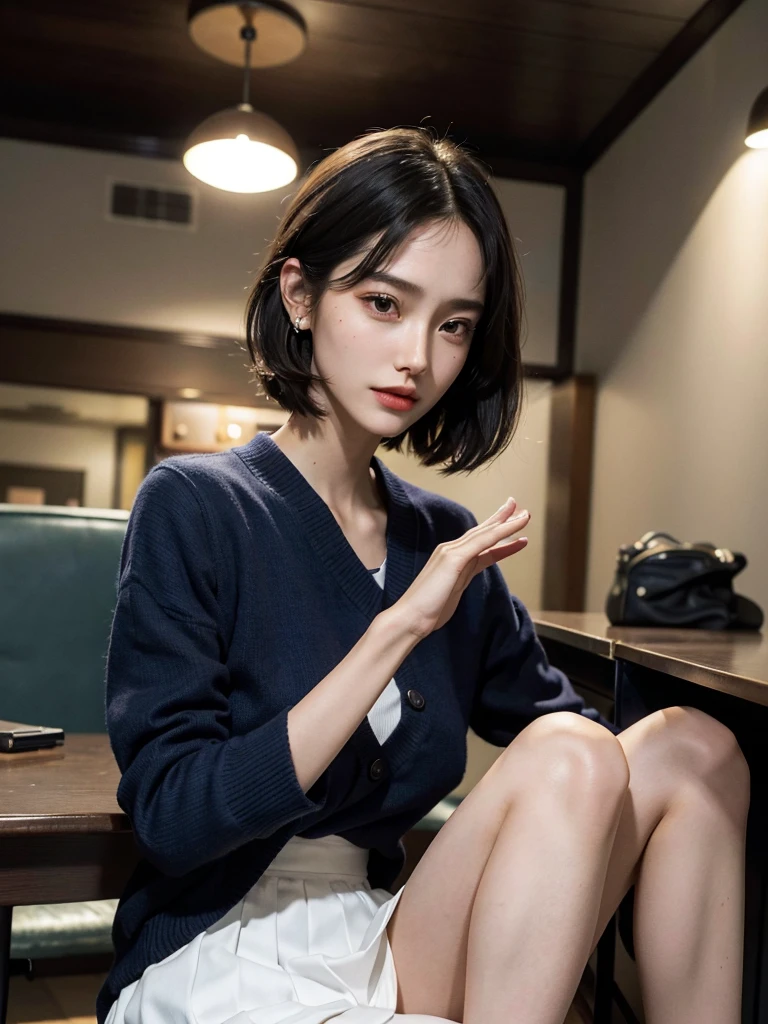(masuter piece:1.3)、(8K、Photorealsitic、Raw photography、top-quality: 1.4)、(1girl in)、beautiful countenance、(Lifelike face)、(A dark-haired、short-hair:1.3)、Beautiful hairstyle、realisticeyes、Beautiful details、(real looking skin)、Beautiful skins、(Sweaters)、absurderes、enticing、超A high resolution、A hyper-realistic、high-detail、the golden ratio、(masutepiece, High quality, Ultra High Quality, 4K)Japan women、Uniform skirt、Emphasis on the thighs、white thighhig,Soft thighs、Glossy thighs、Sitting on the train、Face-to-face angle,(Angle from below),Sitting in a train seat,Sitting at the front,Zoom camera in the crotch,Feet are on the floor of the train,full body Esbian,Looking down and sleepy,Watching the viewer only」, Best Quality, Ultra high definition, (Photorealistic:1.4),, High resolution, detail, Raw photo, Sharp Re, Nikon D850 Film Stock Photo by Lee Jefferies 4 Kodak Portra 400 Camera F1.6 lens rich colors hyper realistic lively textures dramatic lighting unreal engine artstation trends cinestir 800,