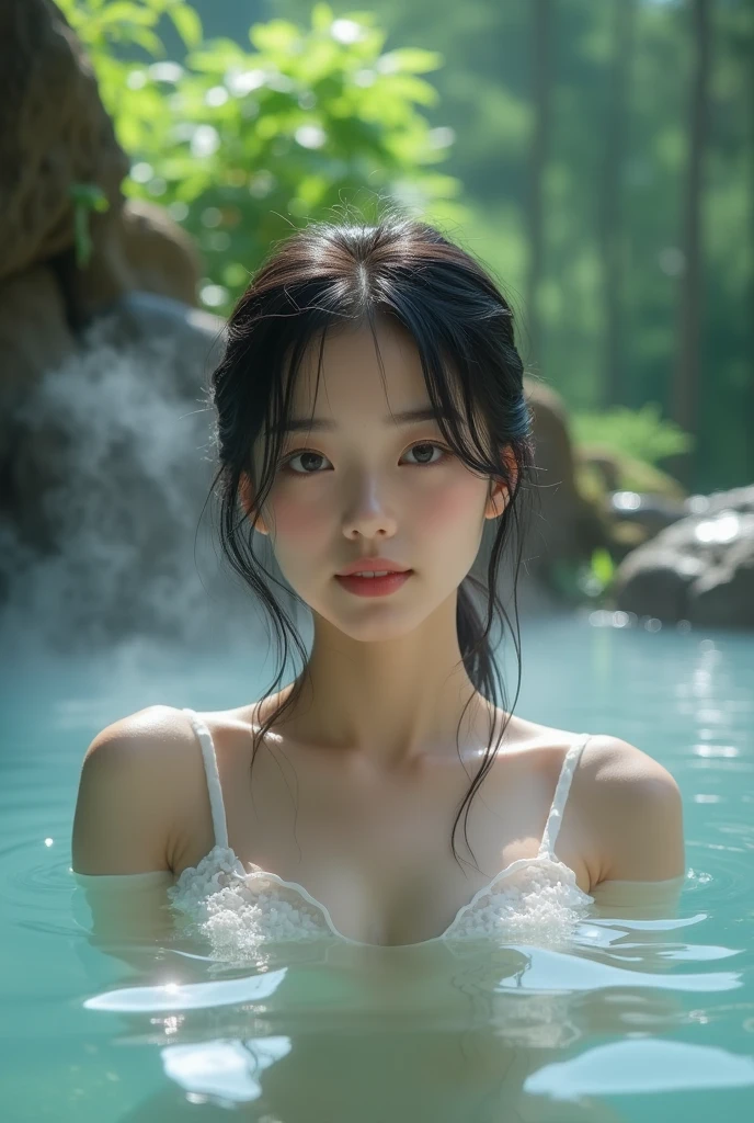 Best quality, masterpiece, super high resolution, a super model soaking in a hot spring in Japan, outdoor hot spring, stone hot spring, surrounded by moss and trees, super beautiful face, pure body, clear pores visible, (smile:0.8), wearing black split (lace bandeau:1.2), (realism:1.5), original photo,long,wet hair,plump body,big breasts,soaked body,legs go up,covered in sweat, bare shoulders, in the dark, deep shadows, low-key, cold light