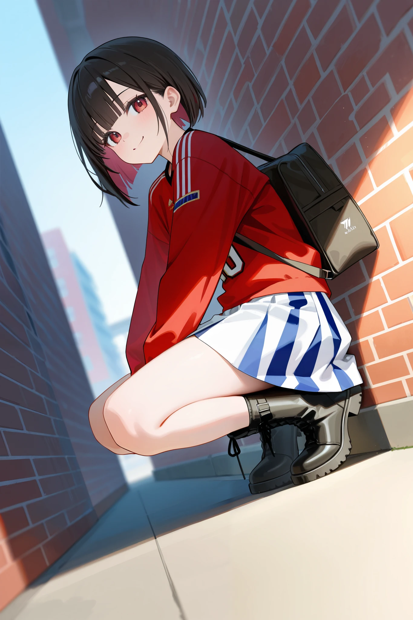 masterpiece,best quality,newest,absurdres,depth of field,1girl,perfect body,looking side,smile,white long tulle skirt,white zipup boots,red soccer jersey,oversized jersey,a luxury brand shoulder bag,stand against the brick wall,full_shot,front view,dynamic_angle,