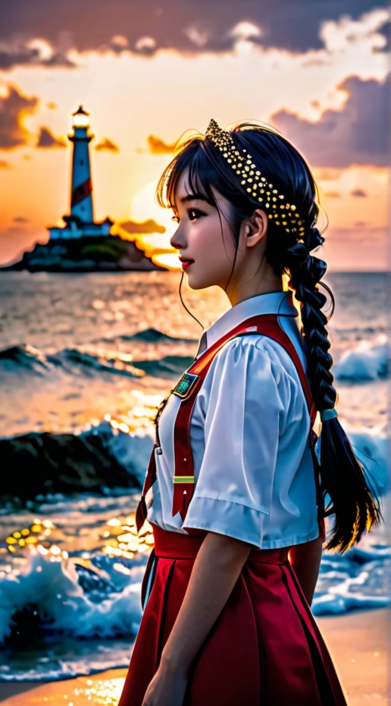 cinematic film still, 1girl, solo, little smile, beach,(sunset:1.1),  rio_kitagawa(gravure idol), solo,  star hair ornament, twin braids,sparkle, from behind, looking back, huge sunset,red floating, uniform, night, waving, sea, 1 lighthouse, . shallow depth of field, vignette, highly detailed, high budget, bokeh, cinemascope, moody, epic, gorgeous1girl, 