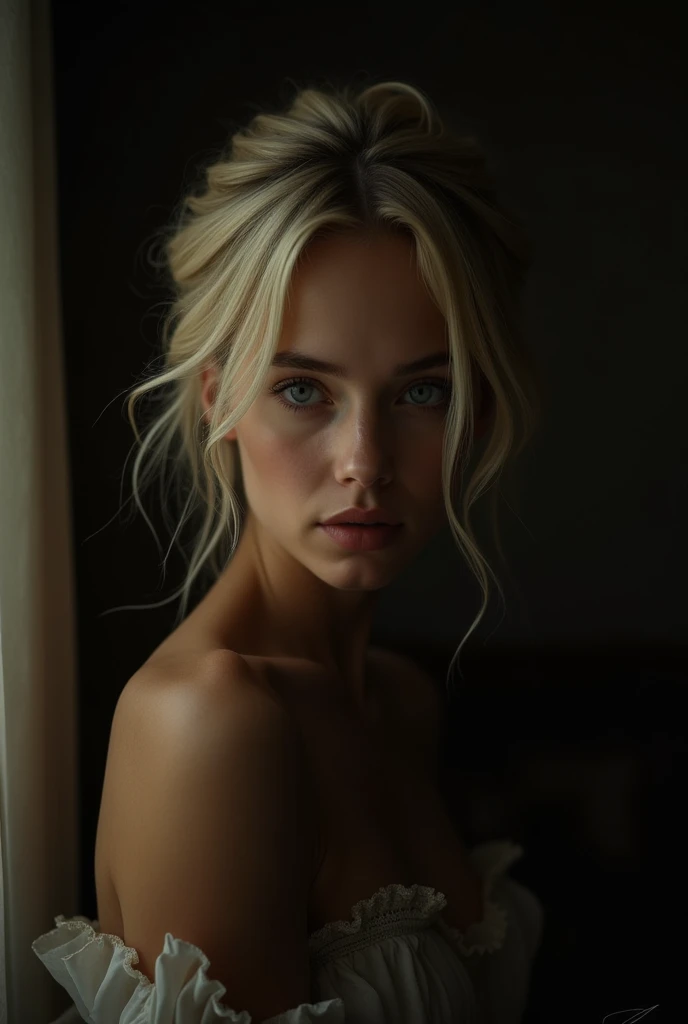 a beautiful blond woman with red bra and bun hairstyle, intense eye contact, dark moody atmosphere, dramatic lighting, cinematic, chiaroscuro, high contrast, dramatic portrait, captivating gaze, alluring expression, mesmerizing eyes, flawless skin, elegant beauty, mysterious and sensual, (best quality,4k,8k,highres,masterpiece:1.2),ultra-detailed,(realistic,photorealistic,photo-realistic:1.37),dramatic lighting,chiaroscuro,high contrast,cinematic,dark and moody