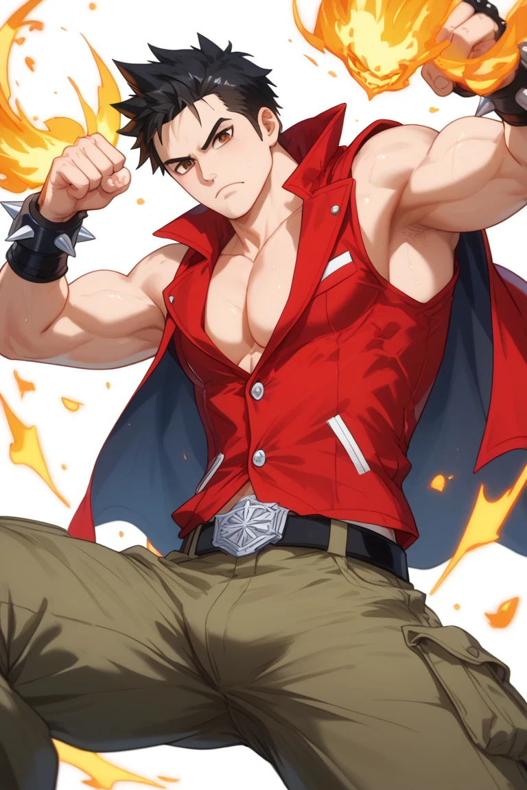  Make a anime man, shounen art style, Tadao struck a lively contrast, his clothing dark and rugged—a sleeveless red vest and cargo pants, complemented by spiked bracers on his arms. Muscular and burly, he was the embodiment of raw strength and energy, with tousled black hair that framed a fiercely animated face with deep-set brown eyes. Lively and loud, Tadao thrived in combat, always itching for a challenge. However, he now wore a frown that betrayed his jovial façade—the news of Akira’s death gnawed at him, a sense of emptiness replacing the thrill of battle. “It’s just not the same without a good fight. News like this weighs down the heart, man,” he said, his voice loud yet tinged with melancholy.
