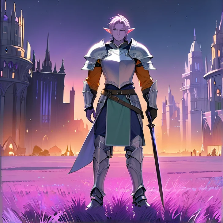 Masterpiece, HD, high quality, best quality, high resolution. Epic high fantasy genre, fantasy artwork. 
{{(A 700-years-old male-elf-warrior:(appearance: light-purple-skin. Very-dark-purple short-messy-hair. Beautiful orange-colored-eyes. Pointy-ears. Handsome-smile. Sharp-nose. Slender-male-complexion. Beautiful-manly. He stands 1,80-CM-tall. Patrol alone at the city-streets. Enjoys the moment.),(equipment: light-blue-longsword on left-hand. he wears: light-violet-elvish-armor: full-elvish-armor. heavy-armored-helmet. Light-violet-heavy-shoulders-armors. Light-violet-shoulders-armors. Light-violet-elbows-armors. Light-violet-armor-gauntlets. Aqua-green pants. Orange-arms-sleeves. Light-violet-breastplate-cuirass. Light-violet-armored-cuirass. Light-violet-armor-belt. Light-violet-hips-armors. Light-violet-knees-armors. Light-violet-armored-boots. Light-violet-armored-shoes.),(scenery: twilight sky. Elvish city at twilight. Elvish city grey and blue buildings. Floor made of pink grass.))}}