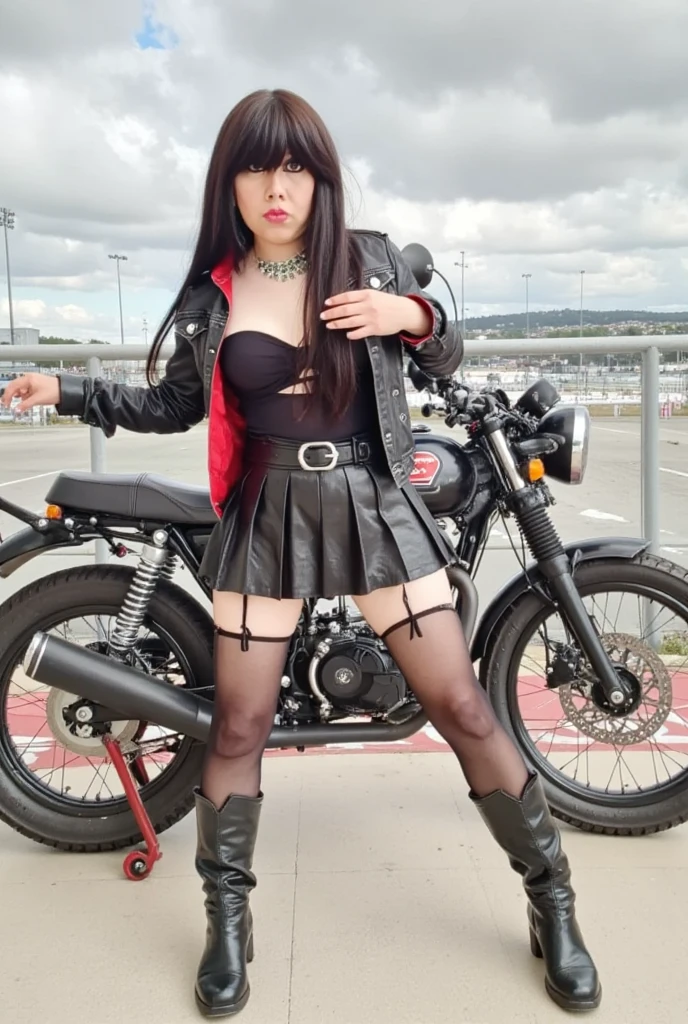  Detailed face of Jacqueline  ,   shiny and silky hair without fringes,  bare forehead ,  perfect body  ,   seductive pose , sexy woman,   smiley face, minifalda plisada de leather, upskirt: 1.4,   showing her big butt  ,   motorcycle racing  , Frau im leatheroutfit, leatherbekleidung und Stiefel, leatherbekleidung, in schwarzes leather gekleidet, en a complete leather suit, leatherbekleidung, bekleidet mit kurzer leatherjacke, leather, leatherstiefel, in Biker-leather gekleidet, leather stockings, high boots, interested in   , Amado  ,   imposing and dominant  , bekleidet mit leatherjacke, Tragen von leather,