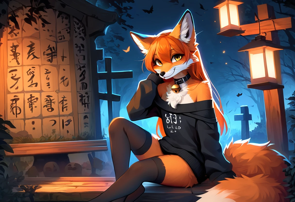 full body、Solo、unpralleled masterpiece、Detailed、 Beautiful、 score_9、 score_8_up、 score_7_up、Friday the 13th、the number 13 written on a stone wall、moody atmosphere、mysterious、fox、anthro、furry、female、orange fur、(long hair、beautiful hair、orange hair、side swept hair、bangs)、yellow eyes、(fur tuft on chest、tuft of fur)、(digitigrade、claws、fox paws、exposed feet)、(foxy whiskers)、(heavily shaded orange body、dark black shading on body)、(sassy pose、sassy hips、sassy、flirtatious)、fluffy tail、(light smile、soft smile)、wearing (Black simple stylish long socks、non-transparent thigh highs、Black crop off shoulder sweater、Colored hair bow、Collar with gold bell)、indoors、in a graveyard、night、tree、lantern on post、incantations on wall、sitting on a wooden bench、open book with calligraphy written on it、looking at viewer、blue spirit in the air