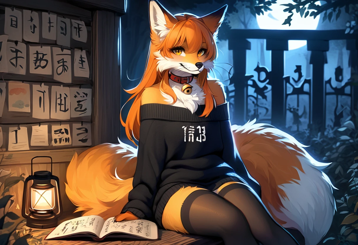 full body、Solo、unpralleled masterpiece、Detailed、 Beautiful、 score_9、 score_8_up、 score_7_up、Friday the 13th、the number 13 written on a stone wall、moody atmosphere、mysterious、fox、anthro、furry、female、orange fur、(long hair、beautiful hair、orange hair、side swept hair、bangs)、yellow eyes、(fur tuft on chest、tuft of fur)、(digitigrade、claws、fox paws、exposed feet)、(foxy whiskers)、(heavily shaded orange body、dark black shading on body)、(sassy pose、sassy hips、sassy、flirtatious)、fluffy tail、(light smile、soft smile)、wearing (Black simple stylish long socks、non-transparent thigh highs、Black crop off shoulder sweater、Colored hair bow、Collar with gold bell)、indoors、in a graveyard、night、tree、lantern on post、incantations on wall、sitting on a wooden bench、open book with calligraphy written on it、looking at viewer、blue spirit in the air