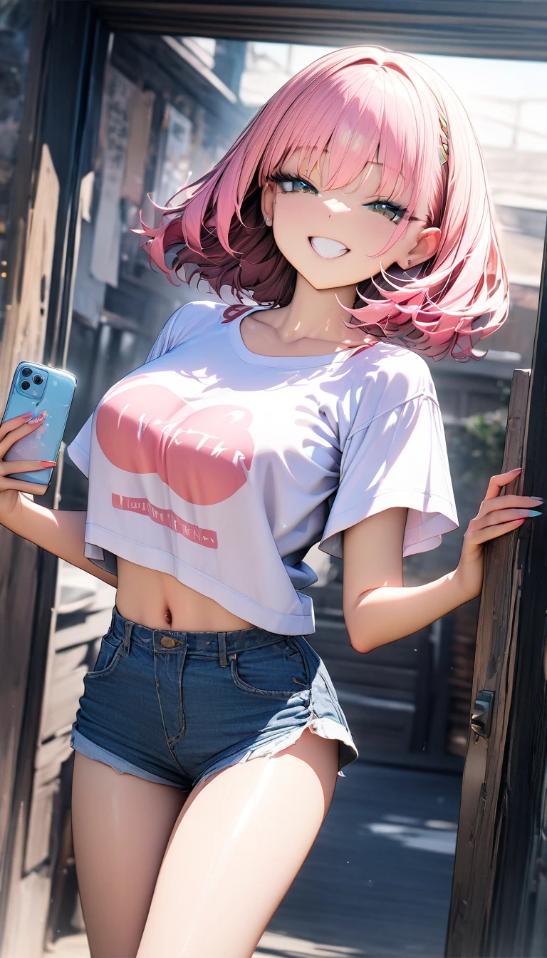 (Masterpiece, BestQuality:1.3), (ultra detailed:1.2), (hyperrealistic:1.3), (RAW photo:1.2), High detail RAW color photo, professional photograph, (Photorealistic:1.4), (realistic:1.4), (Pink Hair:1.5), professional lighting, perfect anatomy, (Big Breasts:1.2), (blush, detailed face), (cheerful Smile:1.5), Trending Hair&Trending Hairカラーをランダムに, earrings, necklace, bracelet, sexly, erotic sexly, Random sexy gravure poses, (White T-shirt and black mini skirt、The background is a bicycle path、Lifting her T-shirt a little to show her belly、Posing with a picnic basket。:1.3)