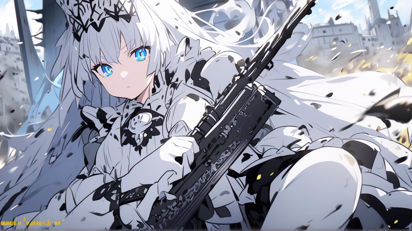 White cat、Personification、Beauty、Queen、 pretty eyes、battlefield、 holding an assault rifle