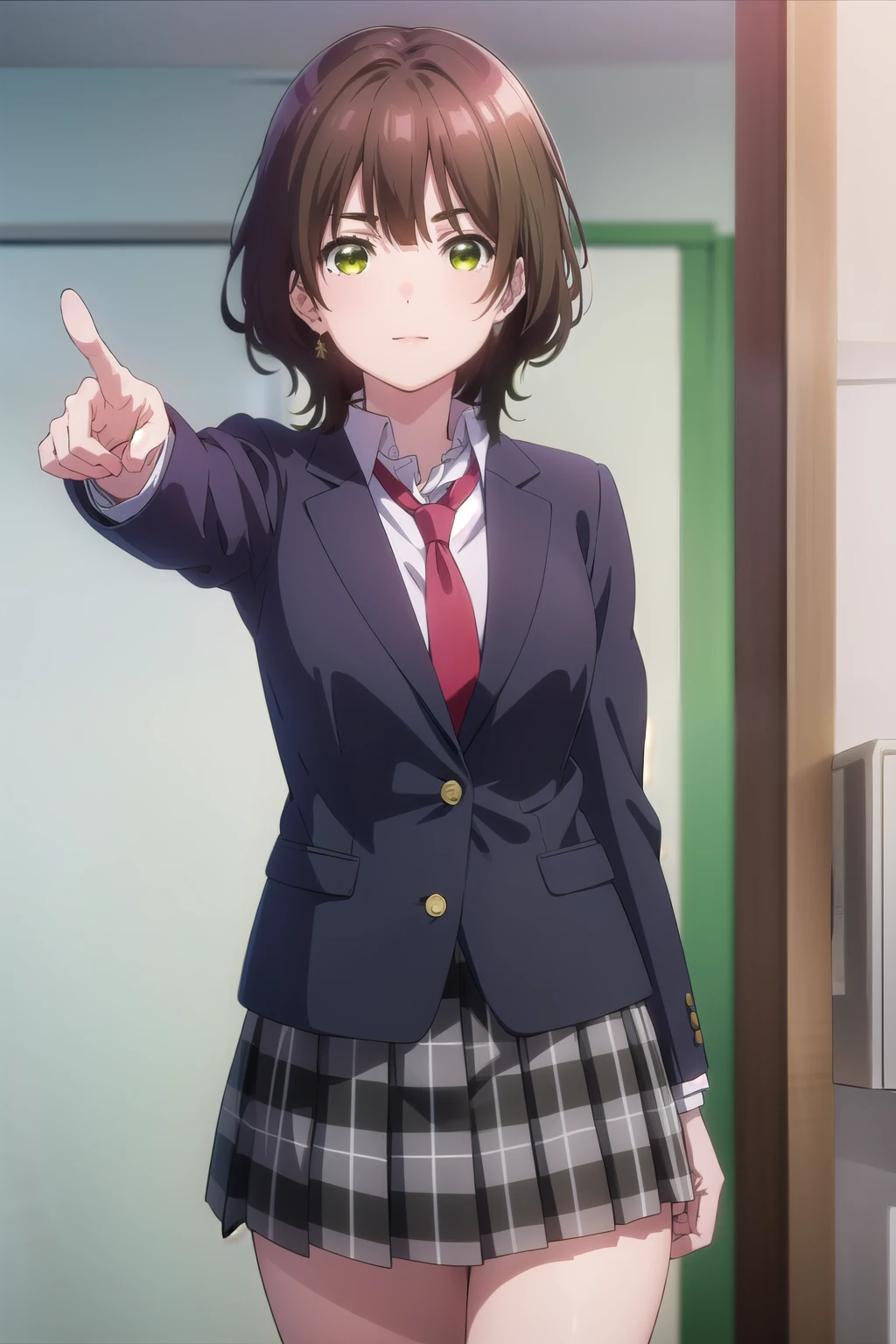 aoihinami, aoi hinami, short hair, bangs, brown hair, (green eyes:1.5), smiling,
BREAK skirt, shirt, long sleeves, school uniform, jacket, white shirt, pleated skirt, necktie, collared shirt, plaid, plaid skirt, blazer, red necktie,
BREAK indoors, classroom,
BREAK in a confident pose pointing at viewer with left index finger.
BREAK (masterpiece:1.2), best quality, high resolution, unity 8k wallpaper, (illustration:0.8), (beautiful detailed eyes:1.6), extremely detailed face, perfect lighting, extremely detailed CG, (perfect hands, perfect anatomy),