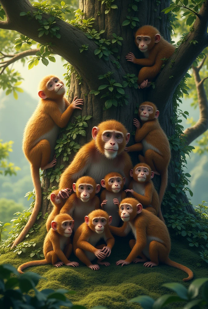 "Please generate an image that illustrates the Brazilian saying 'Every monkey on its branch'. The image must depict monkeys on different branches of a tree, each occupying its own space. The monkeys must appear happy and at ease on their branches , showing the idea that everyone has their place and their function."