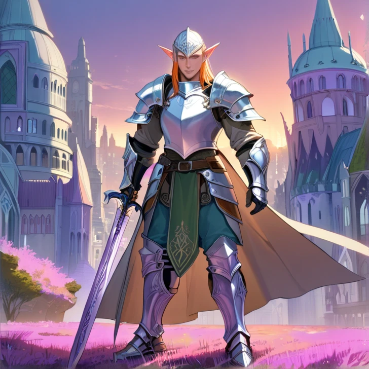 Masterpiece, HD, high quality, best quality, high resolution. Epic high fantasy genre, fantasy artwork. 
{{(A 700-years-old male-elf-warrior:(appearance: light-purple-skin. Head-armored-with-elvish-helmet. Beautiful orange-colored-eyes. Pointy-ears. Handsome-smile. Sharp-nose. Slender-male-complexion. Beautiful-manly. He stands 1,80-CM-tall. Patrol alone at the city-streets. Enjoys the moment.),(equipment: light-blue-longsword on left-hand. he wears: light-violet-elvish-armor: full-elvish-armor. heavy-armored-helmet. Light-violet-heavy-shoulders-armors. Light-violet-shoulders-armors. Light-violet-elbows-armors. Light-violet-armor-gauntlets. Aqua-green pants. Orange-arms-sleeves. Light-violet-breastplate-cuirass. Light-violet-armored-cuirass. Light-violet-armor-belt. Light-violet-hips-armors. Light-violet-knees-armors. Light-violet-armored-boots. Light-violet-armored-shoes.),(scenery: twilight sky. Elvish city at twilight. Elvish city grey and blue buildings. Floor made of pink grass.))}}