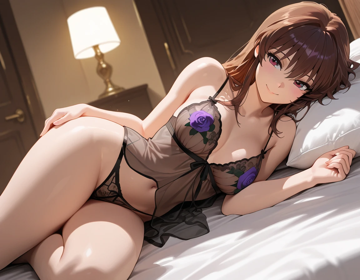 ( top quality,  high image quality,  high definition , masterpiece, 8k),  lying in bed in a sexy figure , Purple see-through lingerie,  looking at me hungry,  one beautiful woman , The most beautiful anime beauty ,  brown black lace-up hair ,  beautiful brown eyes, Smile of temptation, Beautiful medium breasts ,  anatomically beautiful body ,  accurate drawing of hands ,  brown,  professional lighting,  detailed anime illustration art, 