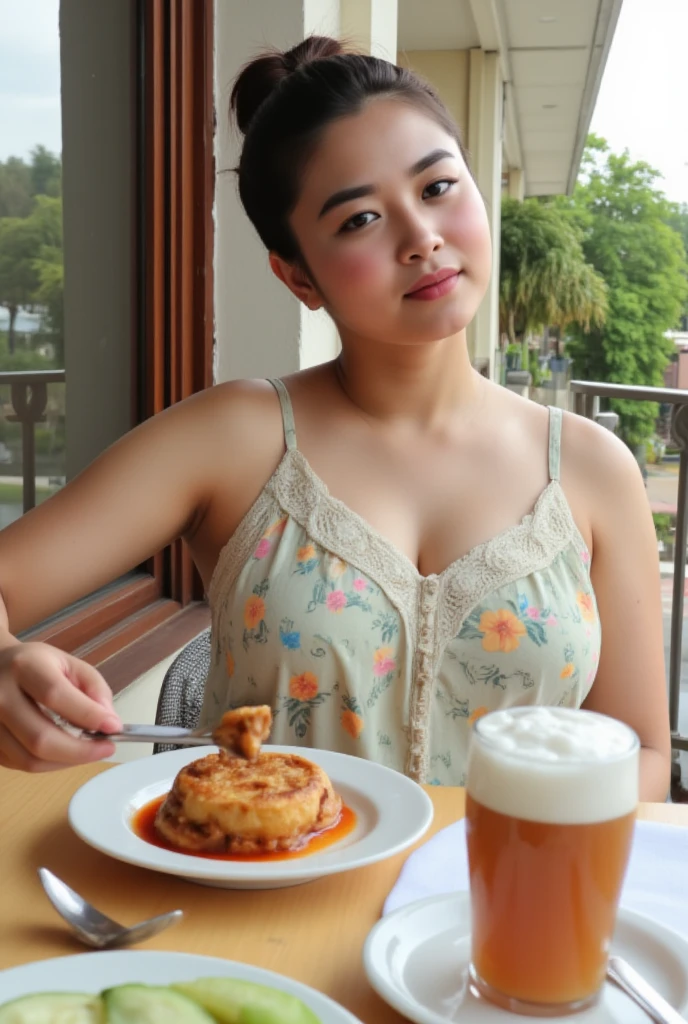  of an Indonesian woman, tied hair, quite chubby,  wear a sleeveless nightgown with floral print, sitting on the dining table at the balcony, enjoying the breakfast , Village atmosphere, realistic photography. look at the viewer,