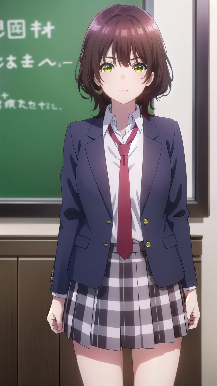 aoihinami, aoi hinami, short hair, bangs, brown hair, (green eyes:1.5), smiling,
BREAK skirt, shirt, long sleeves, school uniform, jacket, white shirt, pleated skirt, necktie, collared shirt, plaid, plaid skirt, blazer, red necktie,
BREAK indoors, classroom,
BREAK in a confident pose pointing at viewer with left index finger.
BREAK (masterpiece:1.2), best quality, high resolution, unity 8k wallpaper, (illustration:0.8), (beautiful detailed eyes:1.6), extremely detailed face, perfect lighting, extremely detailed CG, (perfect hands, perfect anatomy),