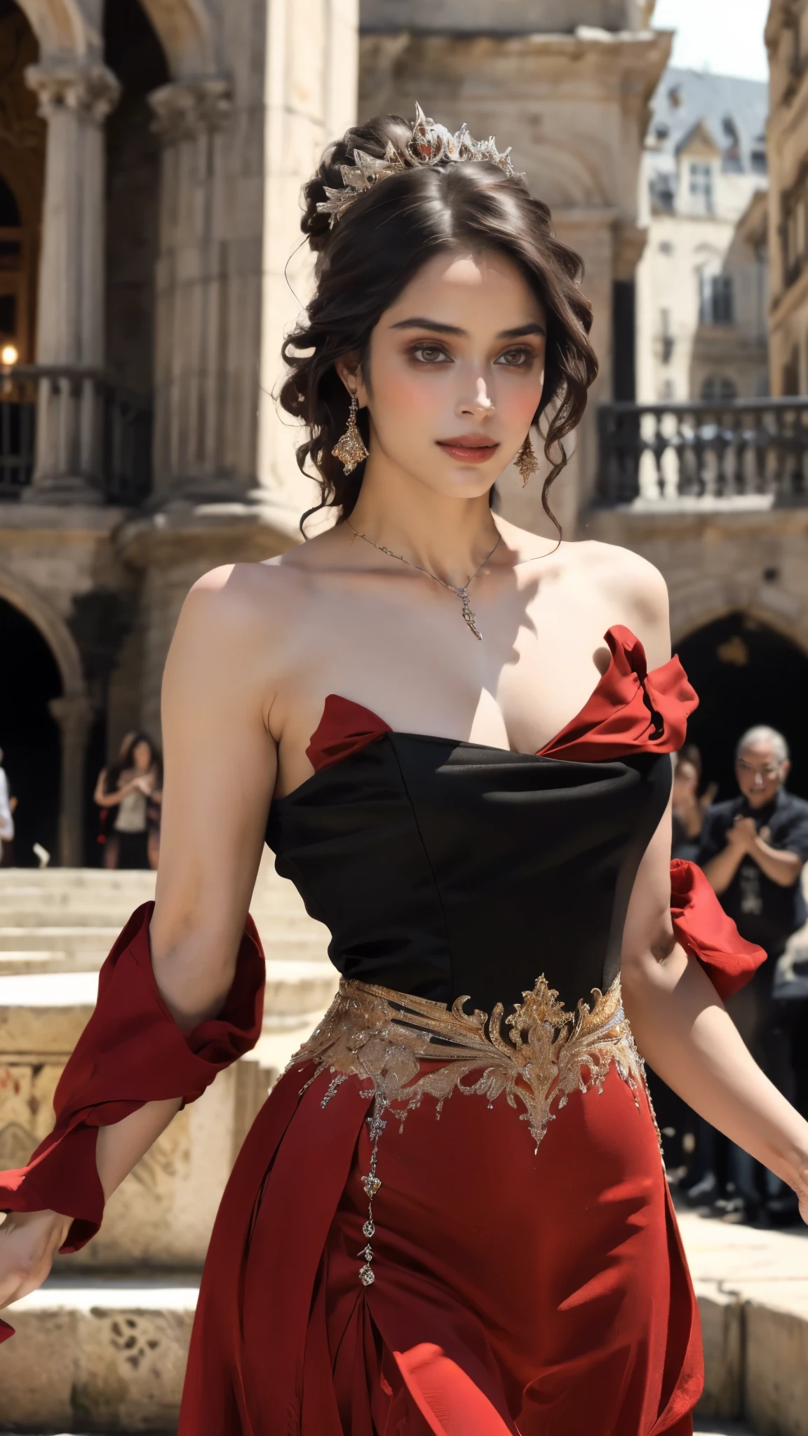 (masterpiece:1.2, best quality:1.2, extremely delicate:1.2), hirosealice, a beautiful woman with medium length black hair, flawless oval face, passionate gaze, sweet smile, perfect smille, blush, seductive expression, tall and graceful figure, perfect body, perfect skin, seductive pose, a fantasy style Flamenco dance dresses, flowing skirt, alternating red and black textures, the color scheme is primarily Black with Red accents, she gracefully performs her dance moves on the stage, this character embodies a finely crafted fantasy style Flamenco dancer, exquisite and mature art style, goddess, feminine, exquisite photography, depth of field, bokeh, photorealistic, even and soft lighting on face, dramatic, high definition, highres, ultra detailed, professional photo, perfect body proportions, anatomically correct, symmetrical face, extremely detailed eyes and face, perfect eyes, high quality eyes, creativity, RAW photo, UHD, 32k, portrait lighting, Natural light, cinematic lighting, (masterpiece-anatomy-perfect:1.2)
