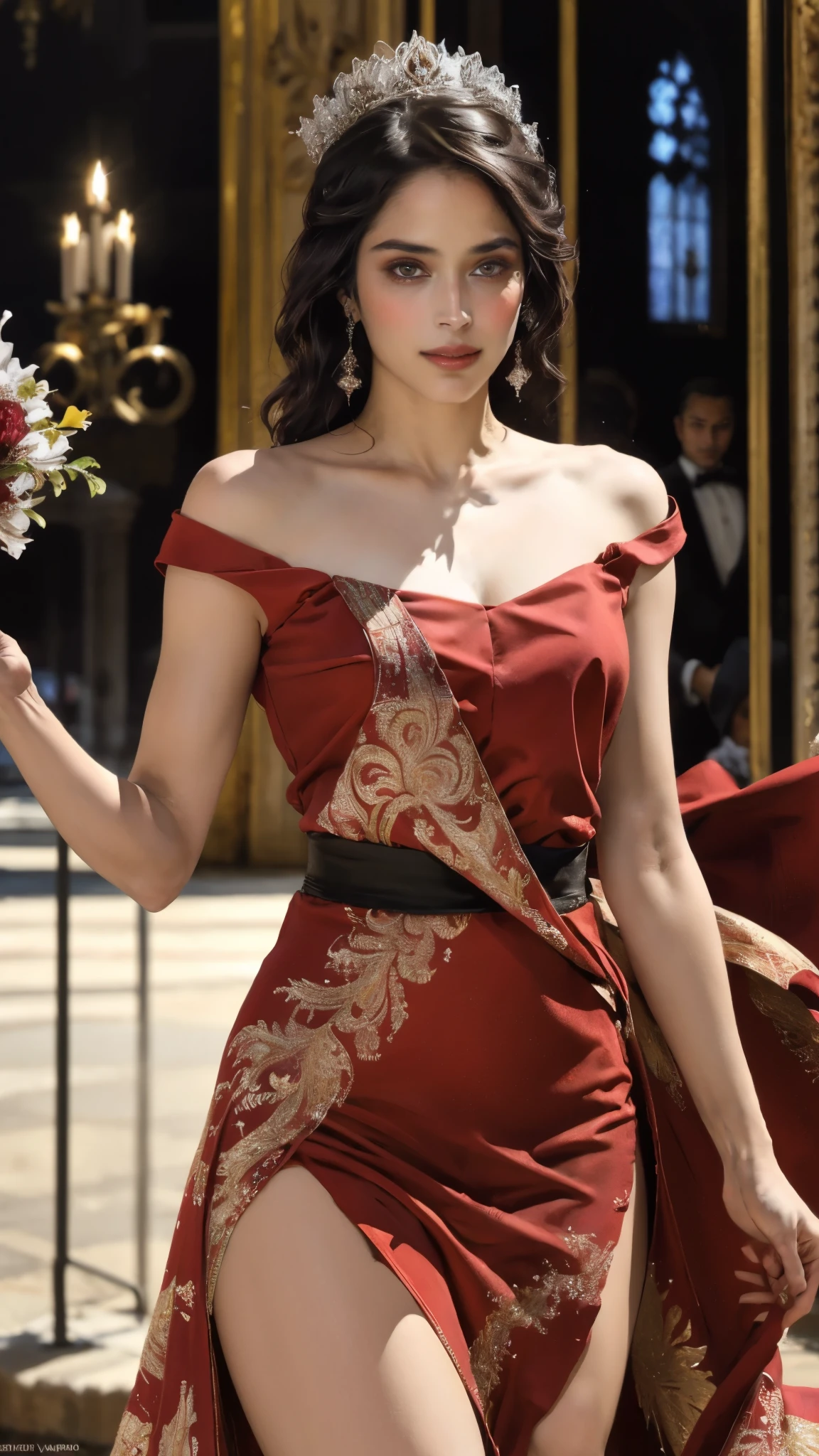 (masterpiece:1.2, best quality:1.2, extremely delicate:1.2), hirosealice, a beautiful woman with medium length black hair, flawless oval face, passionate gaze, sweet smile, perfect smille, blush, seductive expression, tall and graceful figure, perfect body, perfect skin, seductive pose, a fantasy style Flamenco dance dresses, flowing skirt, alternating red and black textures, the color scheme is primarily Black with Red accents, she gracefully performs her dance moves on the stage, this character embodies a finely crafted fantasy style Flamenco dancer, exquisite and mature art style, goddess, feminine, exquisite photography, depth of field, bokeh, photorealistic, even and soft lighting on face, dramatic, high definition, highres, ultra detailed, professional photo, perfect body proportions, anatomically correct, symmetrical face, extremely detailed eyes and face, perfect eyes, high quality eyes, creativity, RAW photo, UHD, 32k, portrait lighting, Natural light, cinematic lighting, (masterpiece-anatomy-perfect:1.2)