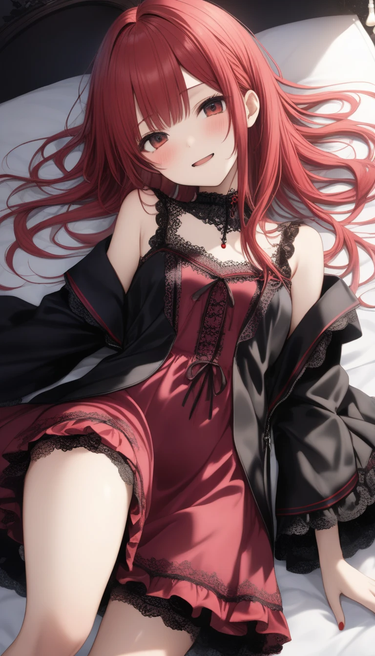 Beautiful young girl, long scarlet hair, red eyes, lingerie, well-lit, bedroom, succubus.