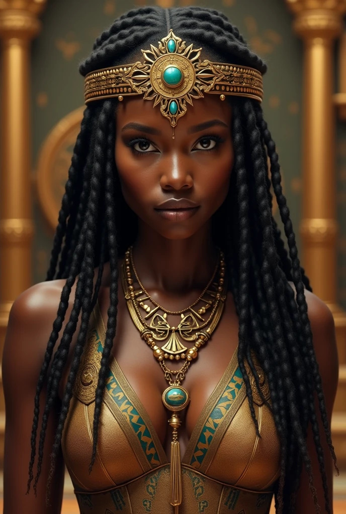 (Epic movie (palace) scene), ((Egyptian)), Hyperealistic detailed photography, michaelangelo, artgerm and rutkowski, mcfarlane, jim lee, (1girl:1.5), (((nubian))) (((dark skin))) (thicc) girl, (((long woven dreadlocks))) (((laughing))), hyperfuturistic clothing, (((colorful))), ankara style, masterpiece, (((mesh))), unique style, fashion sense, striking outfit, (((accessories))), bracelet, chain necklace, choker, earrings, every detail expertly rendered, texture and fabric accurately depicted, rendered in a highly detailed and photorealistic style Masterpiece, detailed background, (beautifully detailed glow:1.2), (Cinematic lighting), intricate detail, highres, rounded eyes, detailed facial features, sharp focus, smooth, aesthetic, detailed dark industrial factory background, stylish pose, dynamic pose, (dramapaint), (opt-6000:0.9)