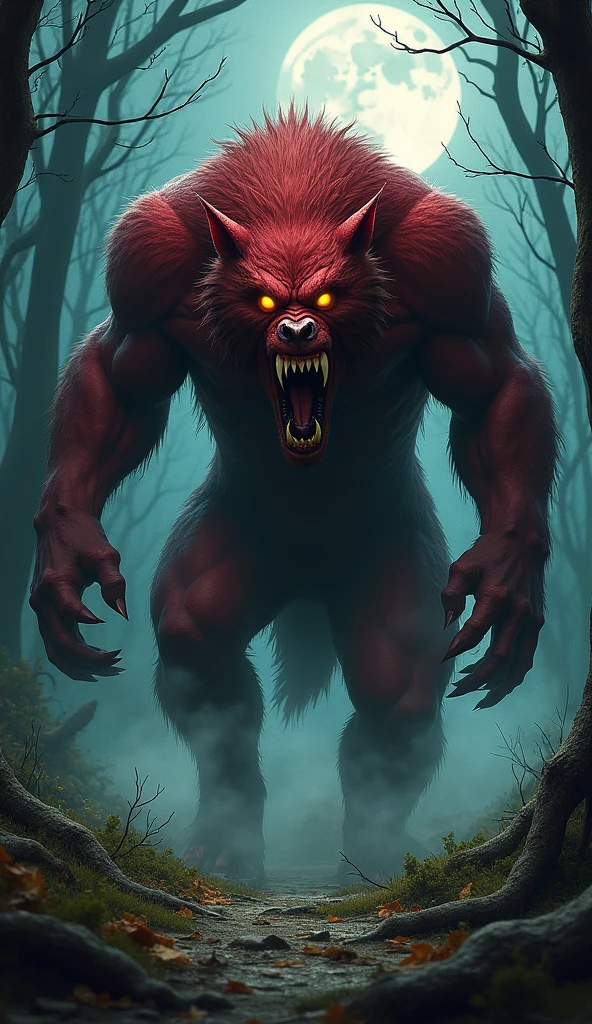 Night photo of a creature with human face mexican male, muscle Werewolf,human hands and feet,sharp fangs covered by blood,red glowing eyes