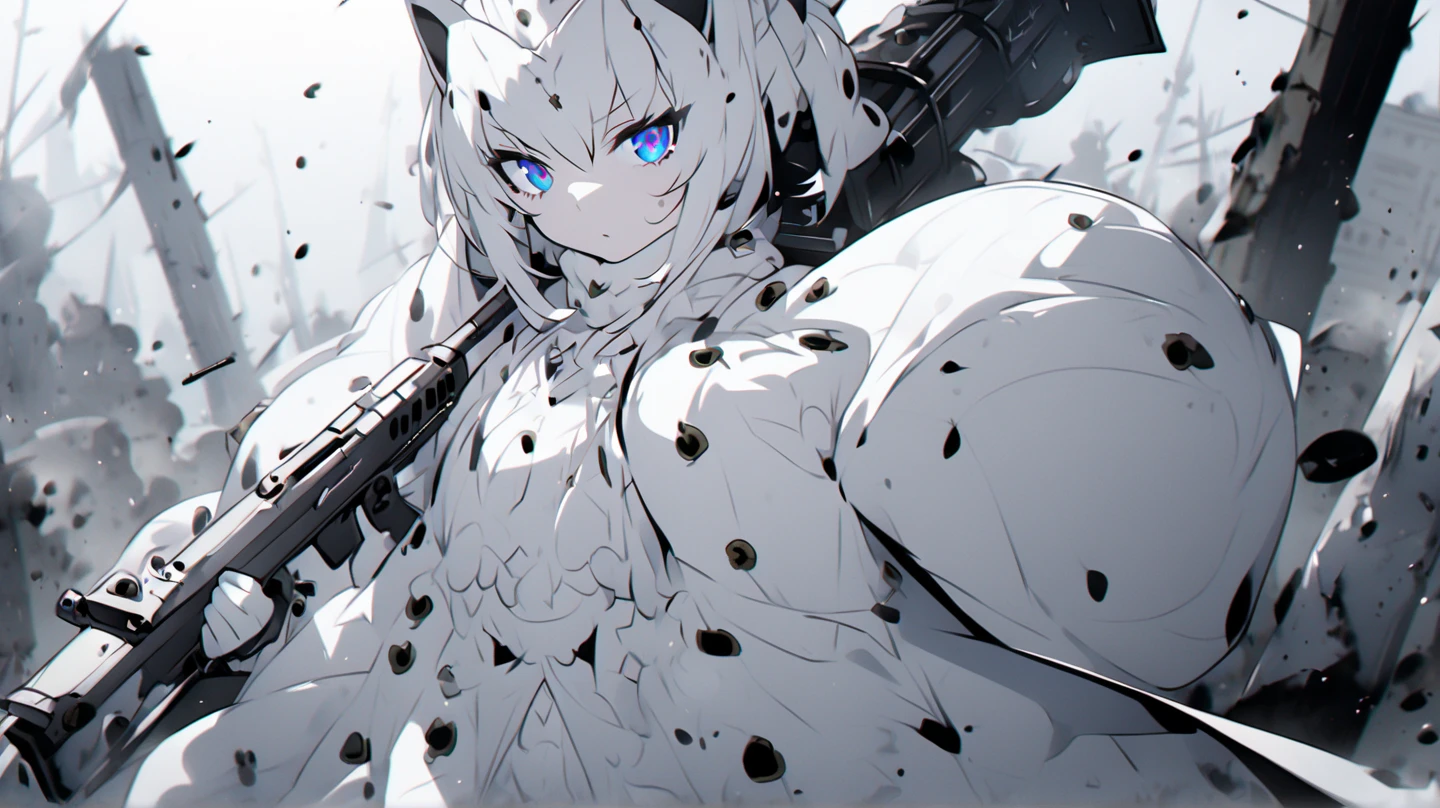 White cat、Personification、Beauty、Queen、 pretty eyes、battlefield、 holding an assault rifle