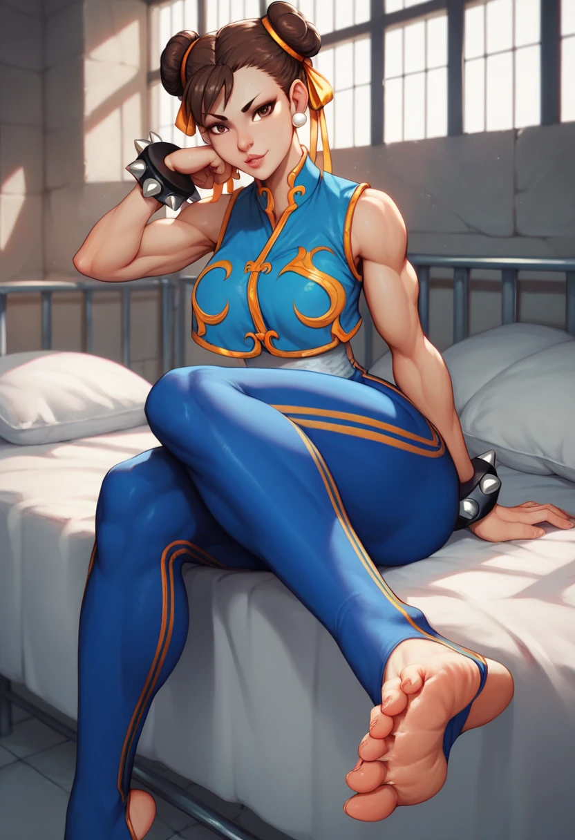 masterpiece,Highest quality,Extremely detailed,8k,Cammy 2,One person,alone,Long Hair,chest,blue eyes,Blonde,large chest,gloves,Have,Braiding,Alternative costume,fingerless gloves,twin Braidings,lips,,scar,Antenna Hair,female,Long and beautiful legs, Thick thighs, blush, nsfw, ((blush)), ((Long and beautiful legs, Thick thighs, Sitting with legs crossed, naked))