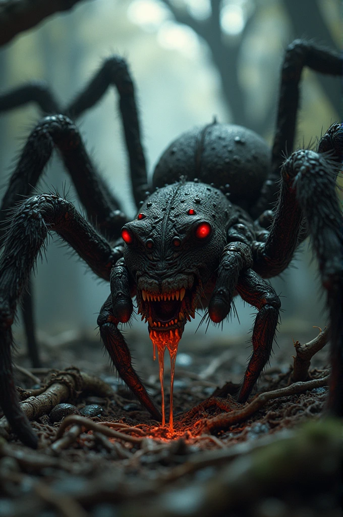 Setting:
The background features a dark, foreboding forest shrouded in mist. Ancient trees with gnarled branches loom over a forest floor covered in thick webs and the remnants of past victims. The air is filled with the sounds of creaking wood and the subtle skittering of the spider’s legs. The forest is dimly lit by a pale moon, casting eerie shadows across the scene.
Pose and Action:
The Colossal Spider is depicted poised on its massive web, which spans the ancient trees and covers a large area of the forest. Its legs are spread out, ready to strike at any moment. The spider's mandibles are slightly open, revealing its venomous fangs, while its eyes gleam with a predatory intelligence. The web itself is intricately woven, showcasing the spider's deadly precision and craftsmanship.
Color Palette:
The scene is dominated by dark, ominous colors with highlights of red and silver. The forest background features deep greens and blacks, while the spider's exoskeleton is a blend of dark browns and glossy blacks, creating a striking contrast. The webs glisten with silvery strands, adding to the eerie and dangerous atmosphere.
Special Features:
Webs: The spider's webs are incredibly strong and nearly invisible, perfect for trapping unsuspecting victims. They glisten faintly with an eerie light, adding to the atmosphere.
Venom: The spider's bite is venomous, paralyzing its prey almost instantly. Its fangs can inject this venom with deadly accuracy.
Ambiance: The air around the spider is filled with a thick mist, and the soft sounds of the forest create a serene yet haunting environment. The forest is dotted with small, glowing orbs of light that hover like will-o'-the-wisps, enhancing the mystical and foreboding atmosphere.