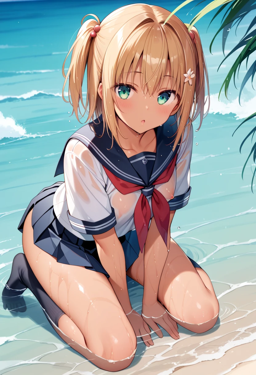 score_9, score_8_up, score_7_up, score_6_up, source_anime, BREAK solo, <lora:mordred-pdxl-nvwls-v1-000005:1> 2ndRiderMord, blonde hair, green eyes, ponytail, red , sailor collar, white shirt, wet shirt, see-through, long sleeves, sitting, beach chair, , blue sky, clouds, looking at you, blush