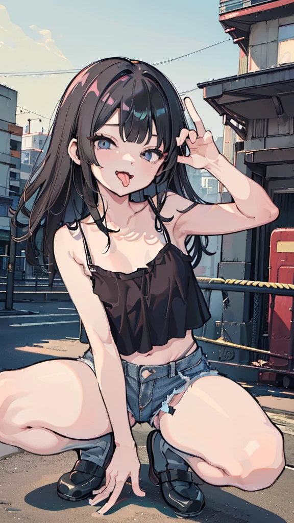 ((masterpiece、Best Quality、 very detailed))、 one girl playing pranks、Black Hair、medium hair、(( wavy hair in front of the station))、blunt bangs、Grey Eyes、evil smile、((open mouth))、((tongue licking))、 small breasts、((camisole))、denim short shorts))、thighhighs、shoes、squatting、Fellatio gesture、Alley Background