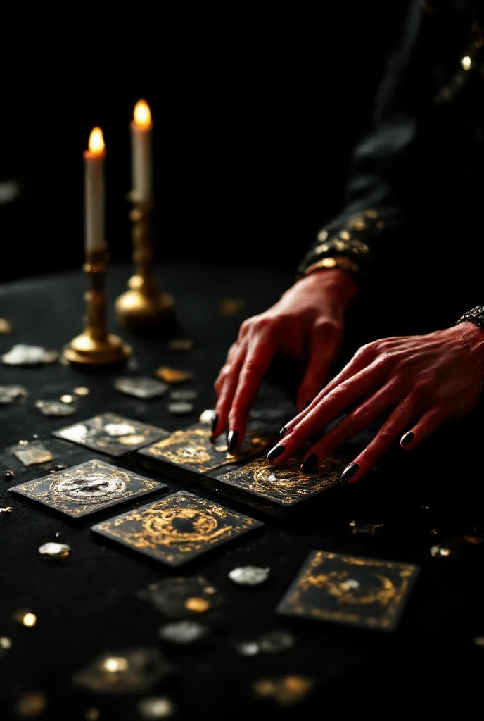 {
  "title": " Cinematic Rendering - Santera Perspective ",
  "Description": {
    " Setting ": {
      "Location": "A table with a black background,  seen from the perspective of the santera ,  as if the camera were in your eyes .",
      "environment": " The right hand of the santera ,  with reddish hands and nails painted with glossy black ,  placing a third of tarot cards on the table ."
    },
    "style": " Cinematic and artistic ,  with a focus on visual impact and design .",
    "color_ scheme ": "Predominance of black, gold and silver,  with bright sparkles .",
    " Characters ": [
      {
        "name": "Hand of the Santera",
        "Description": "A beautiful and clean hand, with nails painted in shiny black, moving with grace and precision.",
        "appearance": "Reddish and elegant hands, with a demonic touch."
      }
    ],
    "Additional_Elements": {
      " incense _sticks ": "Incense sticks in the room, creating an atmosphere of smoke and mystery.",
      "Card_details": " Three cards of the tarot with striking illustrations , detalles en gold and silver,  and a wake of metallic glitter .",
      "background": " Black background with gold and silver details ,  creating a sense of luxury and mystery ."
    },
    " effects ": {
      "lighting": " soft and uniform lighting ,  without areas of intense shade or bright reflections ,  creating a warm and welcoming environment .",
      "smoke": " Incense smoke floating in the air ,  creating a sense of mystery and magic .",
      "aura": "Aura of magic and hidden truth ,  with a psychoemotional impact that captures the audience's attention."
    },
    "format": " high resolution ,  with crisp details and an artistic finish ."
  }
}
