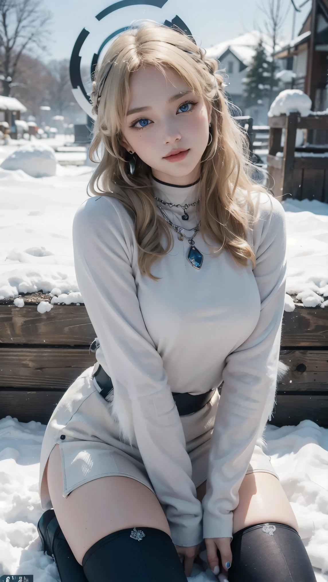 Asuma Toki,(best qualityer,4K,8k,high resolution,work of art:1.2)(weather: snowing), Mondstadt village background, winter forest, full viking armor, long sleeve chainmail top, viking mini skirt, winter fingerless gloves, long fur cloak, thigh high winter stockings, high winter boots, necklace, loop earrings, cheek mole, short wavy hair, blonde hair, ultra detailed, realistic, portrait,beautiful detailed blue eyes, glowing eyes,blush,beautiful detailed lips,extremely detailed eye and face, long eyelashes,sexy,average, large breasts,beaming smile, flirty smile, powerful girl, sexy pose, stunning curves, bright coloured, dramatic lighting, viking axe, viking face tattoos,