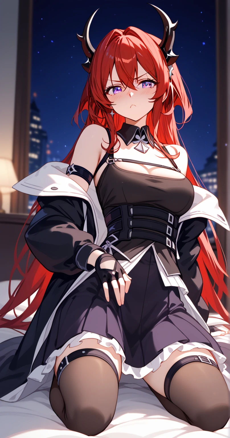 Surtr ,Sur_Def, (black Daemon Horns), purple eyes, red hair,long hair、black dress, layered dress, chest strap, black thighhighs, thigh strap, off-shoulder jacket, sleeveless dress, black belt, black jacket, open jacket, cropped jacket, layered skirt, short dress, black gloves, fingerless gloves, detached collar, white inner jacket, armband, bare shoulders, mature body
BREAK
25 year old woman,sexy Lip、Translucent skin， slender body、medium breasts,the skin is fair 、Moist eyes、Gentle eyes、Gentle look,looking at viewer , jitome,pout,nose blush, kneeing
BREAK
high definition , masterpiece,  anatomically correct ,  very detailed,  High Quality 
BREAK
(bedroom at night:1.3),Dienamic sexy pose,fullbody shot