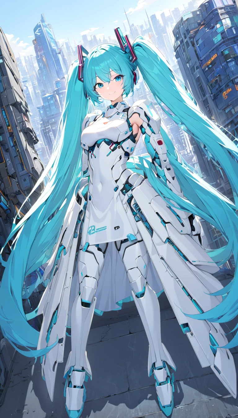 girl masterpiece, best quality high resolution, twintails, blue hair, blue eyes, very long hair, middle breast, detailed face, beautiful shape,  hatsune miku, wearing white armored costume, armored gloves, armored boots, head protector, gripping a rifle, standing, smiling, , detailed background, cyberpunk city, buildings, blue sky, shining element,